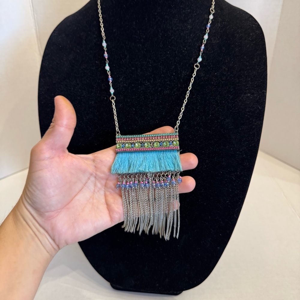 Long Necklace with Faceted Bead Tassel & Rhinestones Silver Tone Chain Jewelry